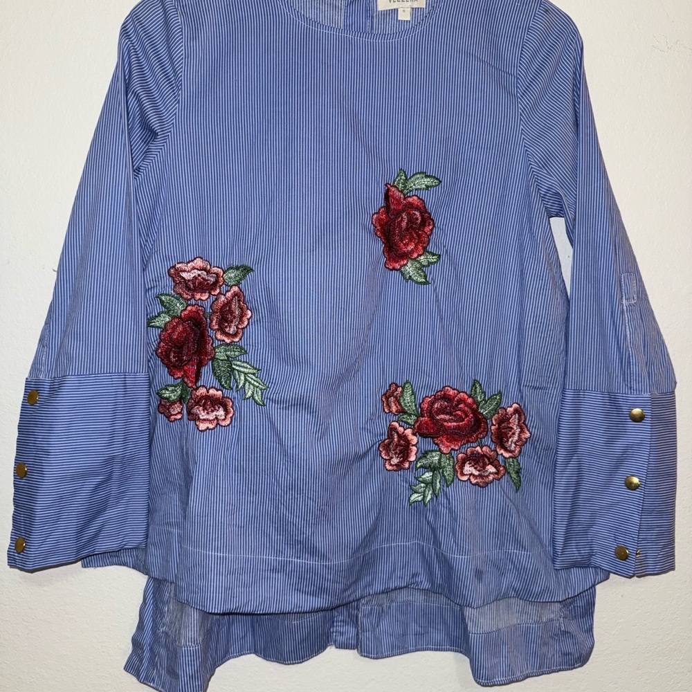 Velzera Blue Striped Top with Red Floral Embroidery